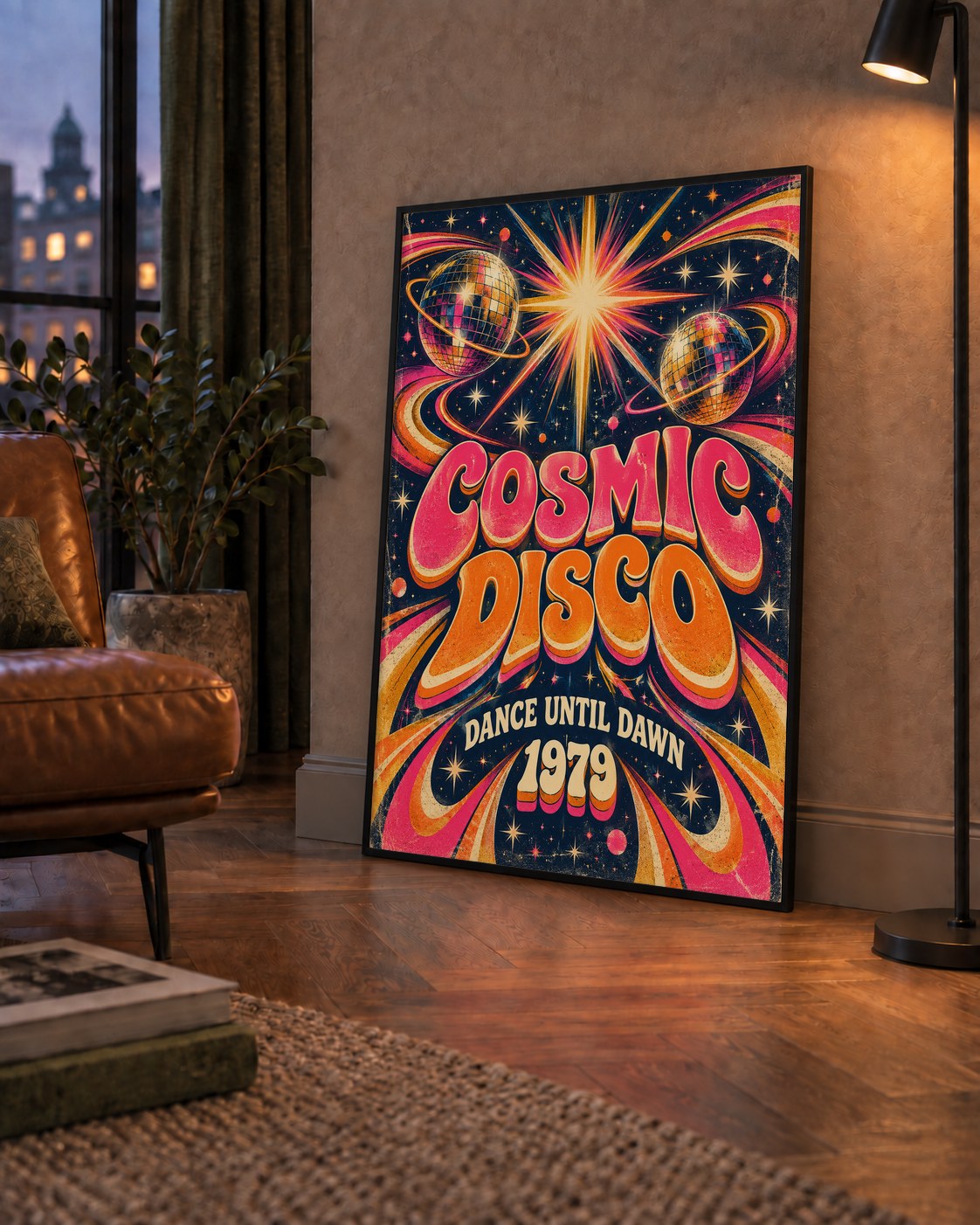 Retro Kozmik Disko Poster – Uzay Temalı Renkli Pop-Art Duvar Dekoru — çerçeveli hâliyle bir ev duvarında