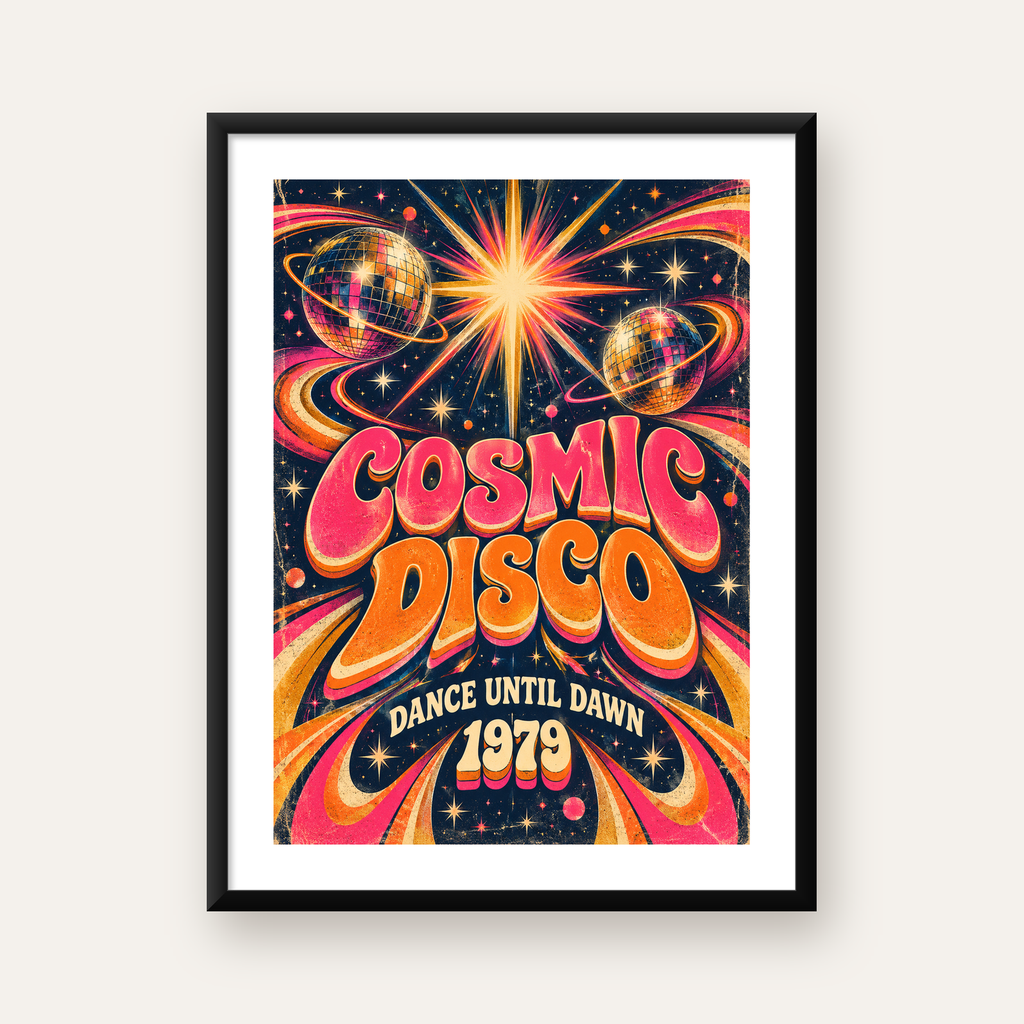 Retro Kozmik Disko Poster – Uzay Temalı Renkli Pop-Art Duvar Dekoru — Dikey baskı, beyaz paspartulu
