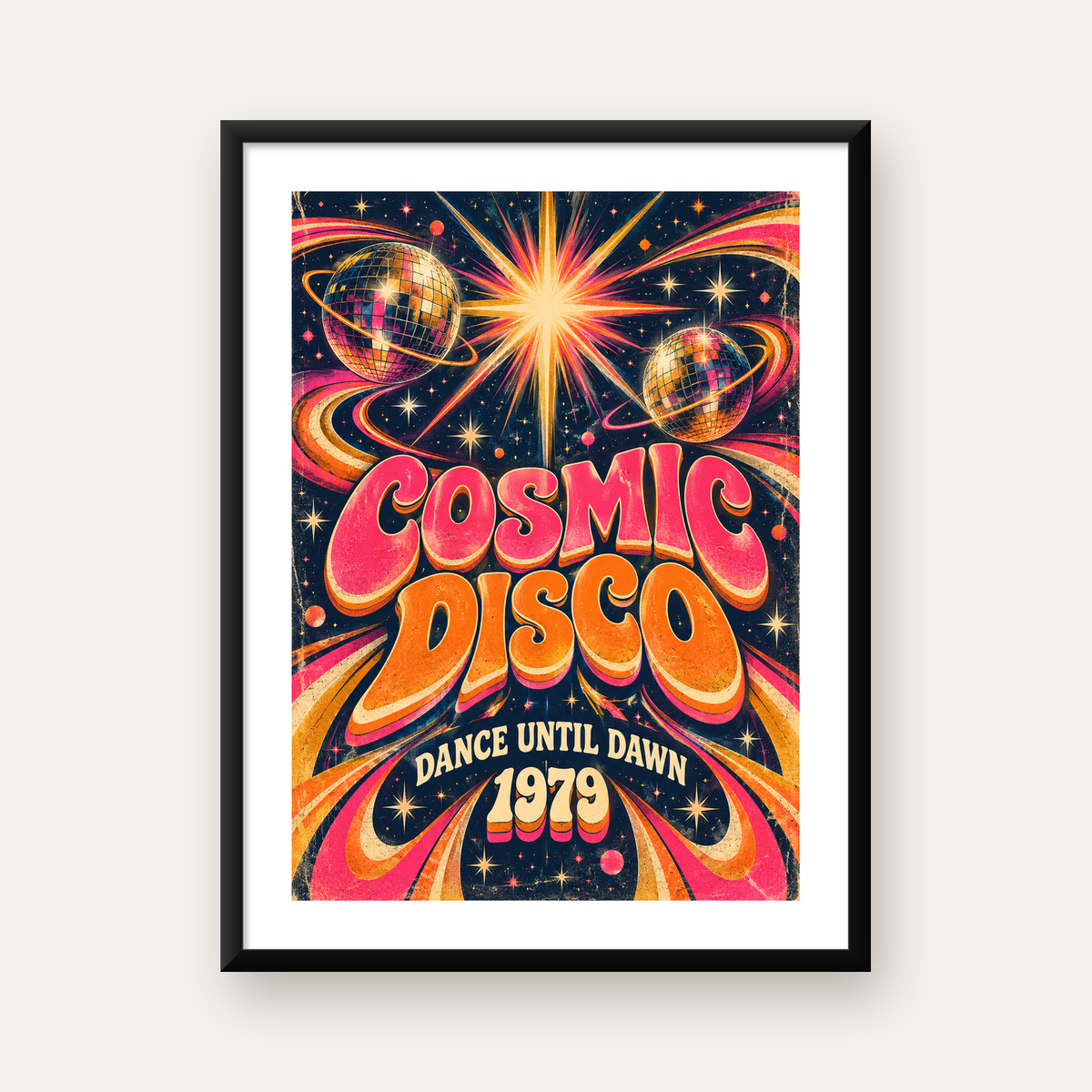 Retro Kozmik Disko Poster – Uzay Temalı Renkli Pop-Art Duvar Dekoru — Dikey baskı, beyaz paspartulu