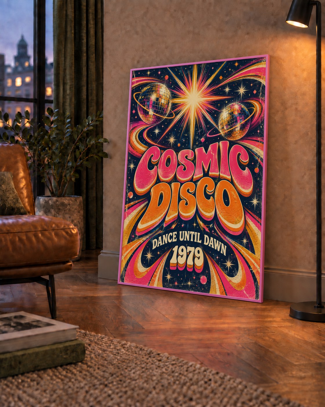 Retro Kozmik Disko Poster – Uzay Temalı Renkli Pop-Art Duvar Dekoru — çerçeveli hâliyle bir ev duvarında
