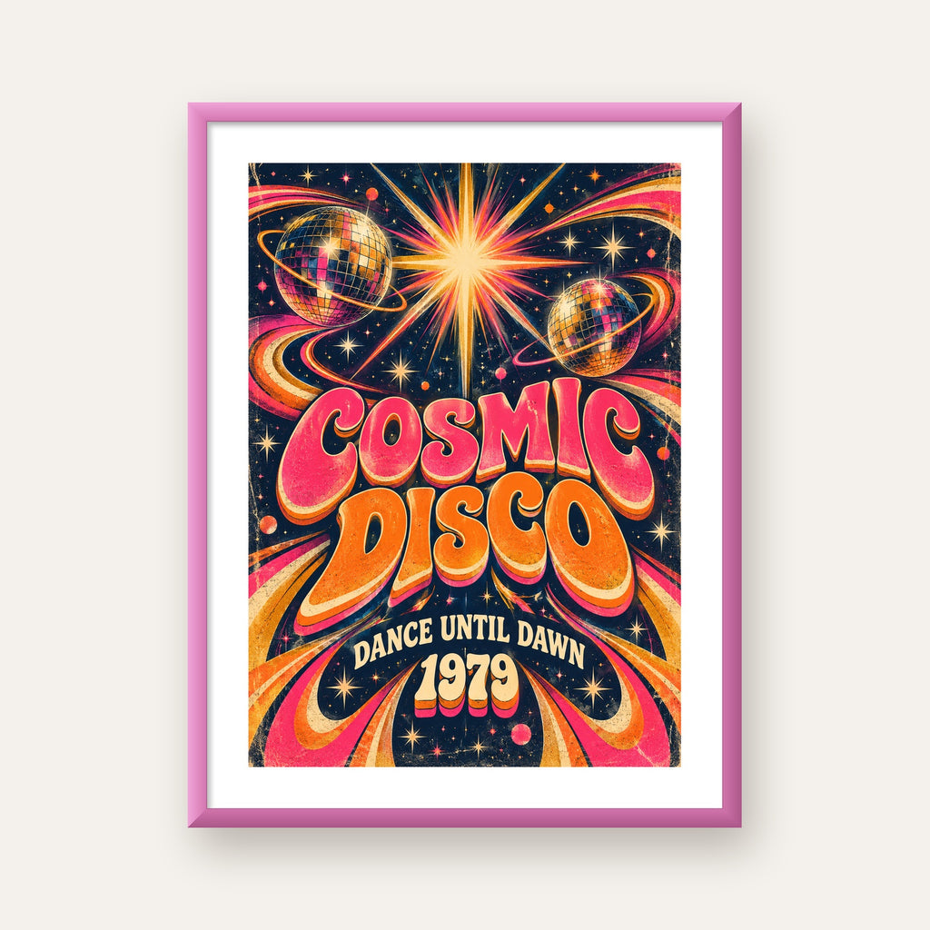 Retro Kozmik Disko Poster – Uzay Temalı Renkli Pop-Art Duvar Dekoru — pembe çerçeveli paspartulu