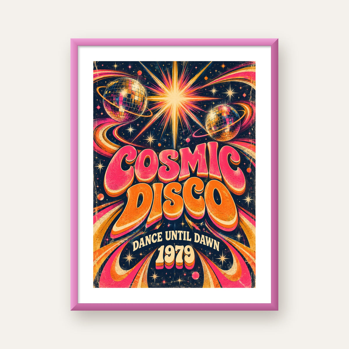 Retro Kozmik Disko Poster – Uzay Temalı Renkli Pop-Art Duvar Dekoru — pembe çerçeveli paspartulu