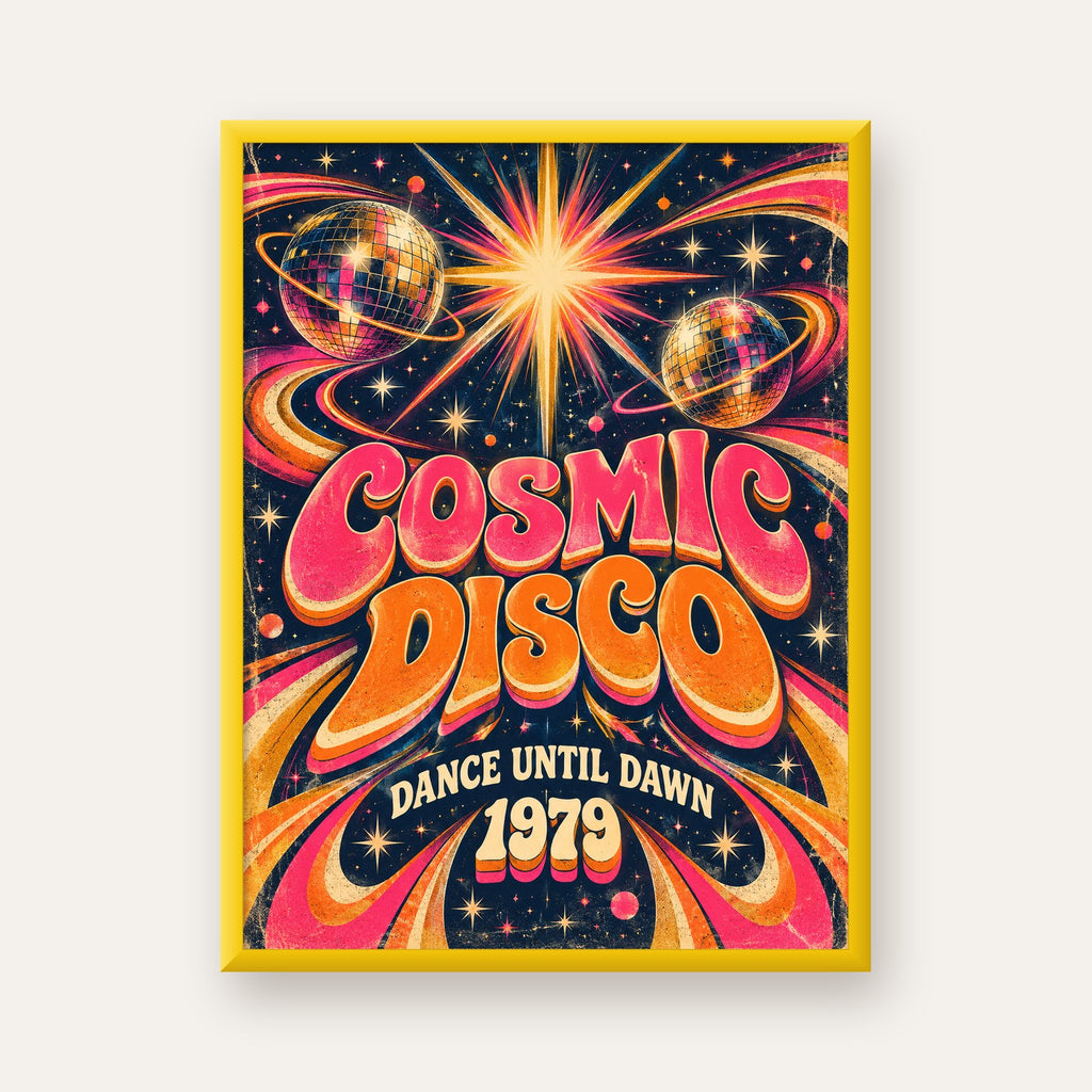 Retro Kozmik Disko Poster – Uzay Temalı Renkli Pop-Art Duvar Dekoru — sarı çerçeveli