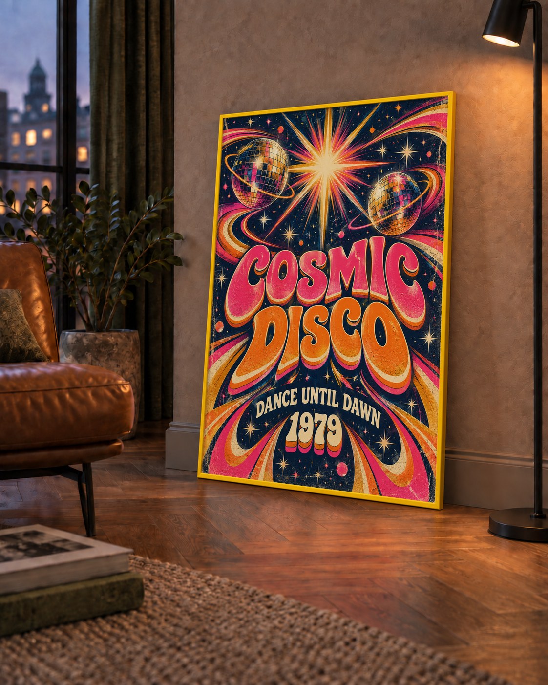 Retro Kozmik Disko Poster – Uzay Temalı Renkli Pop-Art Duvar Dekoru — çerçeveli hâliyle bir ev duvarında