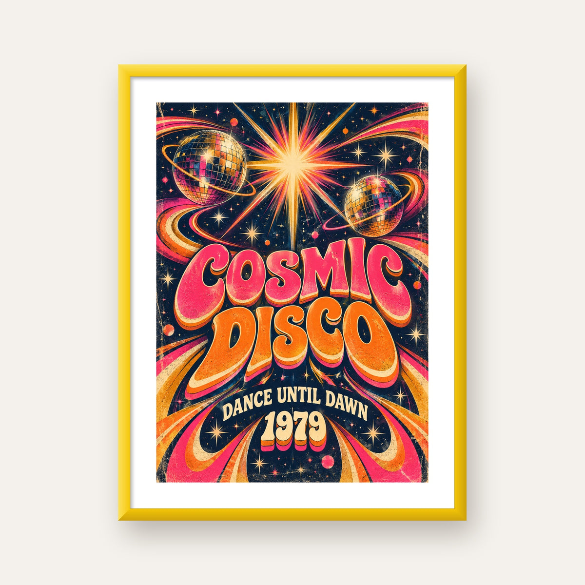 Retro Kozmik Disko Poster – Uzay Temalı Renkli Pop-Art Duvar Dekoru — sarı çerçeveli paspartulu