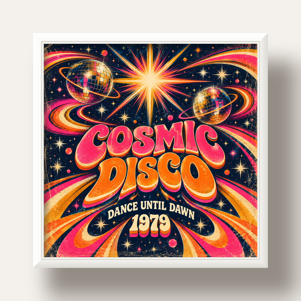 Retro Kozmik Disko Poster – Uzay Temalı Renkli Pop-Art Duvar Dekoru — beyaz derin çerçeveli