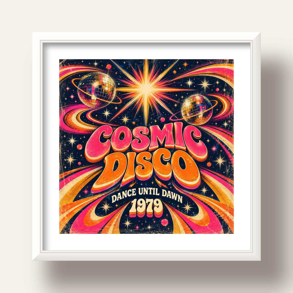 Retro Kozmik Disko Poster – Uzay Temalı Renkli Pop-Art Duvar Dekoru — beyaz derin çerçeveli paspartulu