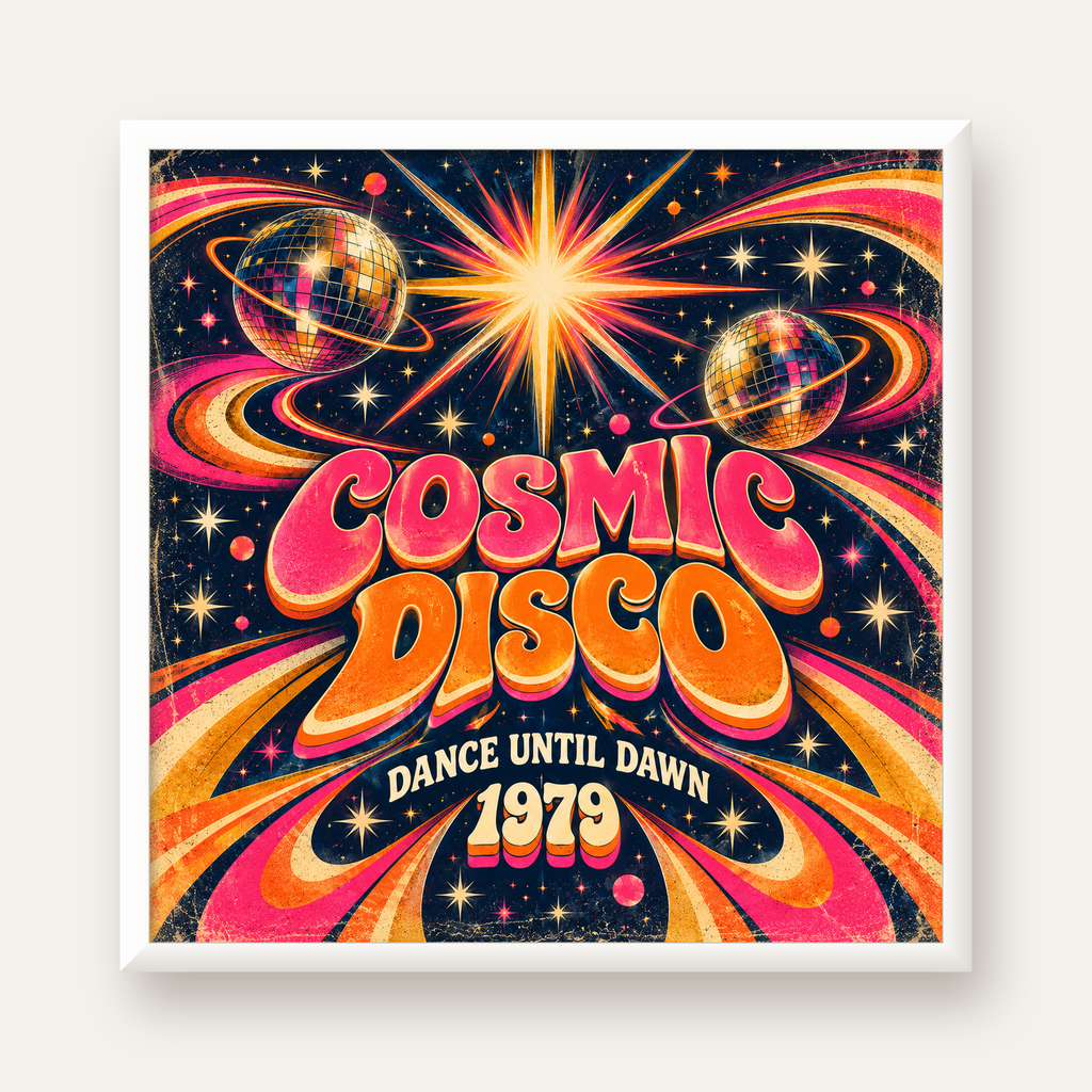 Retro Kozmik Disko Poster – Uzay Temalı Renkli Pop-Art Duvar Dekoru — beyaz çerçeveli kare poster