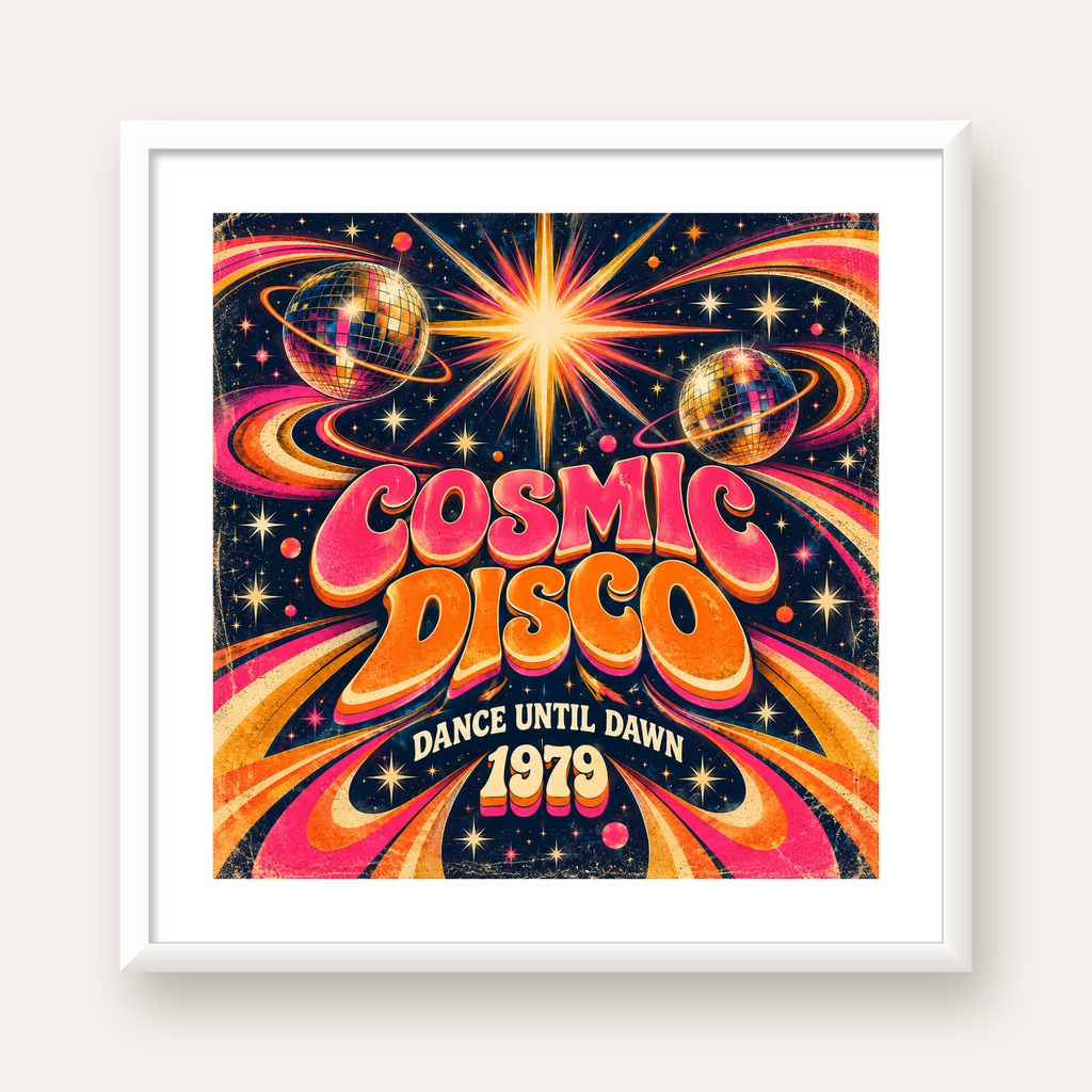 Retro Kozmik Disko Poster – Uzay Temalı Renkli Pop-Art Duvar Dekoru — beyaz çerçeveli kare poster