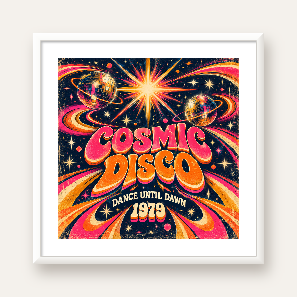 Retro Kozmik Disko Poster – Uzay Temalı Renkli Pop-Art Duvar Dekoru — beyaz çerçeveli kare poster