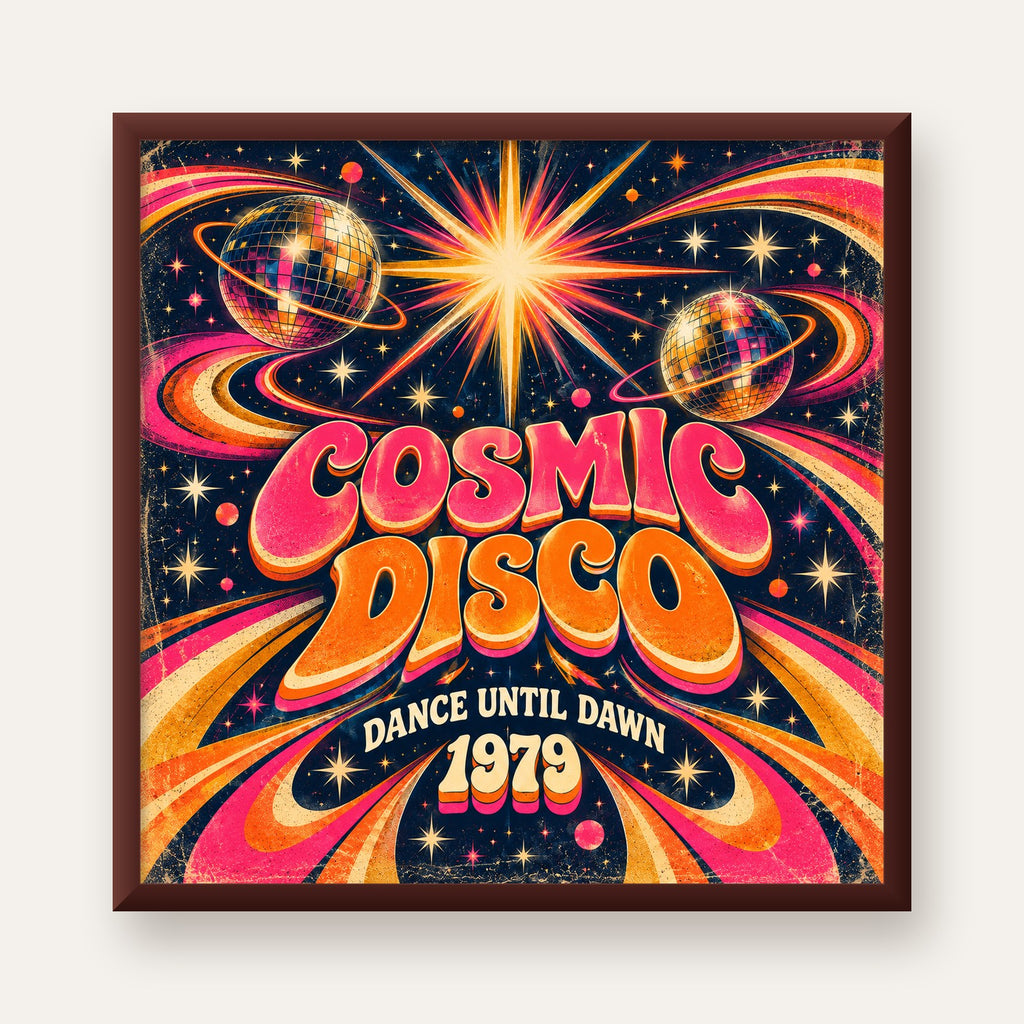 Retro Kozmik Disko Poster – Uzay Temalı Renkli Pop-Art Duvar Dekoru — ceviz çerçeveli