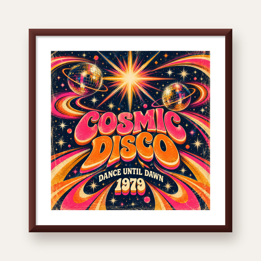 Retro Kozmik Disko Poster – Uzay Temalı Renkli Pop-Art Duvar Dekoru — ceviz çerçeveli paspartulu