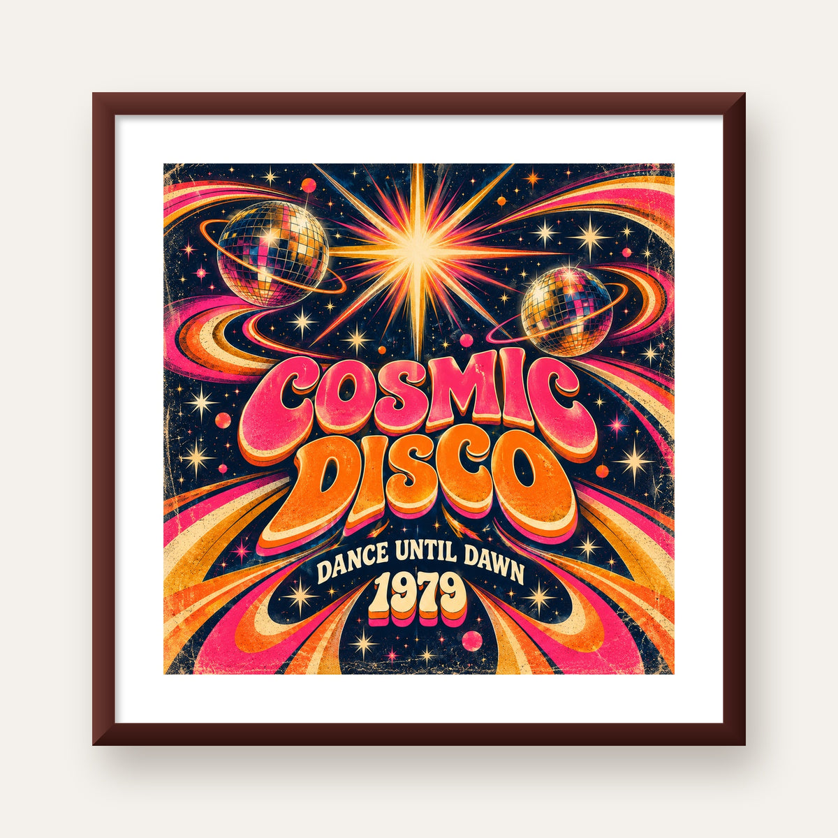 Retro Kozmik Disko Poster – Uzay Temalı Renkli Pop-Art Duvar Dekoru — ceviz çerçeveli paspartulu