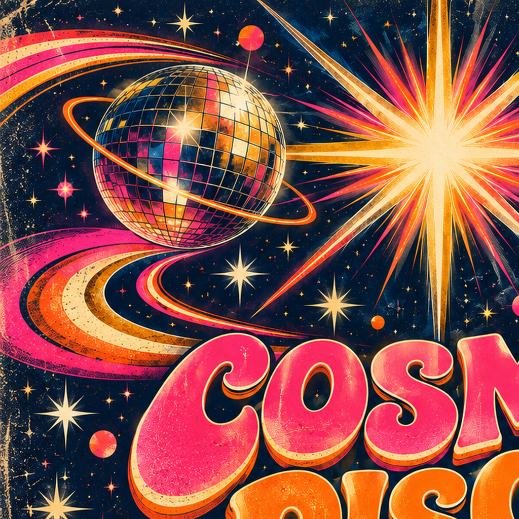 Retro Kozmik Disko Poster – Uzay Temalı Renkli Pop-Art Duvar Dekoru — baskının yakın çekimi, kâğıt dokusu ve renk detayı