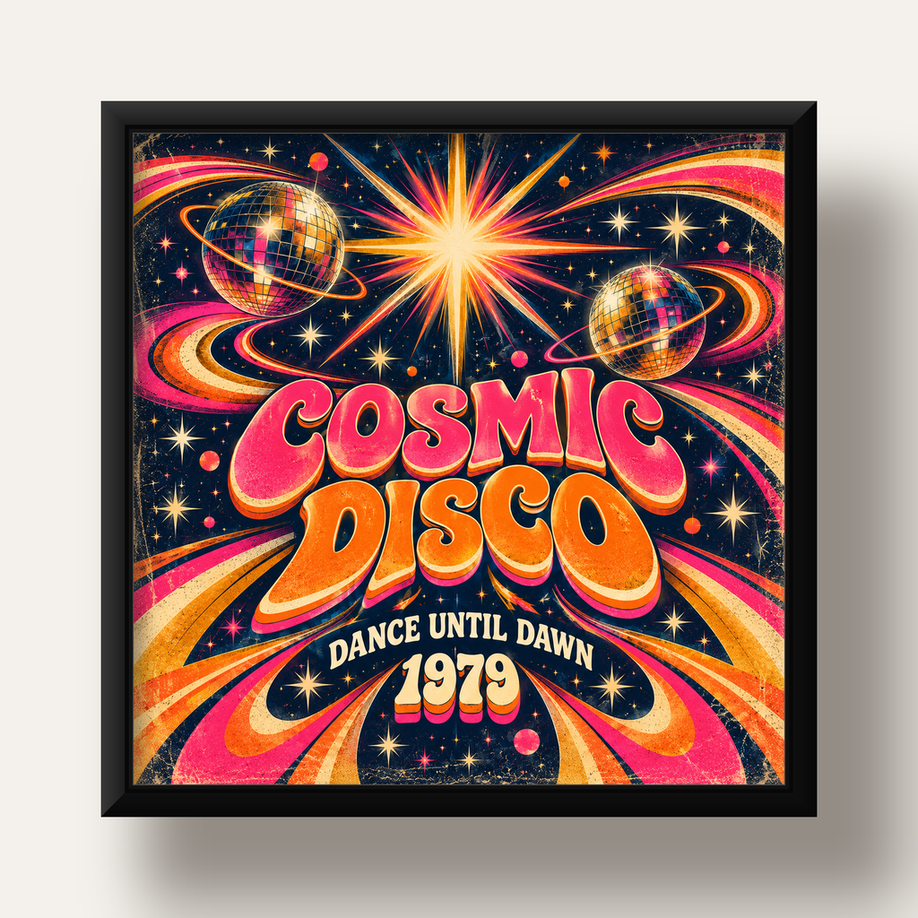 Retro Kozmik Disko Poster – Uzay Temalı Renkli Pop-Art Duvar Dekoru — siyah derin çerçeveli