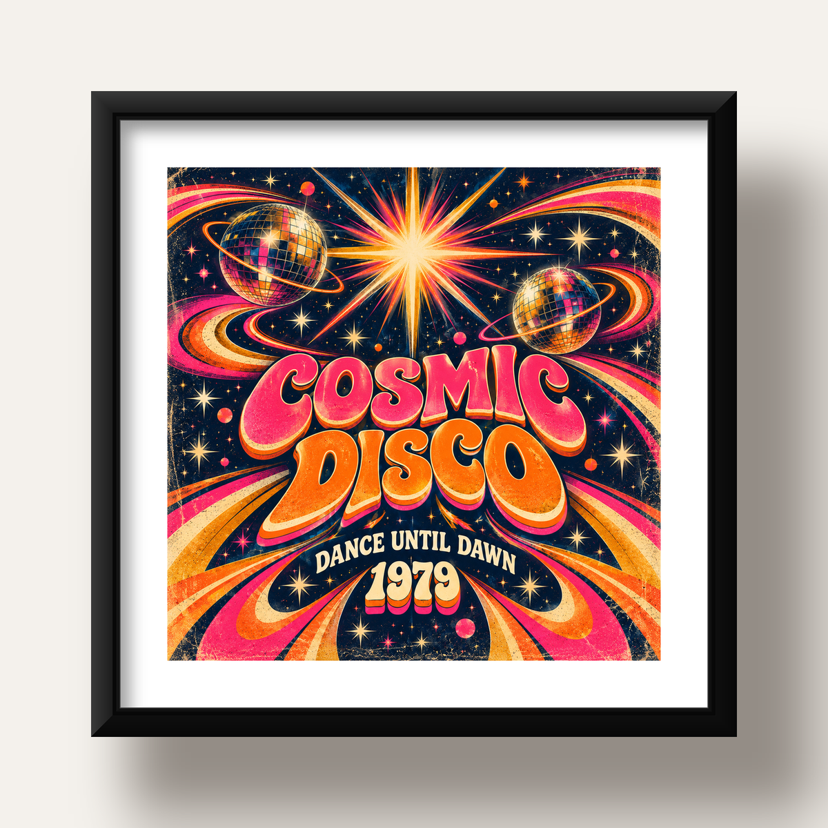 Retro Kozmik Disko Poster – Uzay Temalı Renkli Pop-Art Duvar Dekoru — siyah derin çerçeveli paspartulu