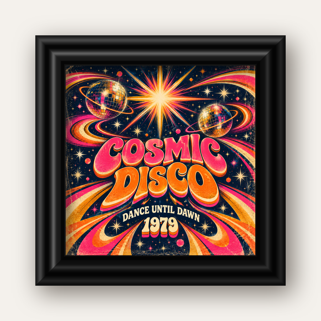 Retro Kozmik Disko Poster – Uzay Temalı Renkli Pop-Art Duvar Dekoru — siyah galeri çerçeveli