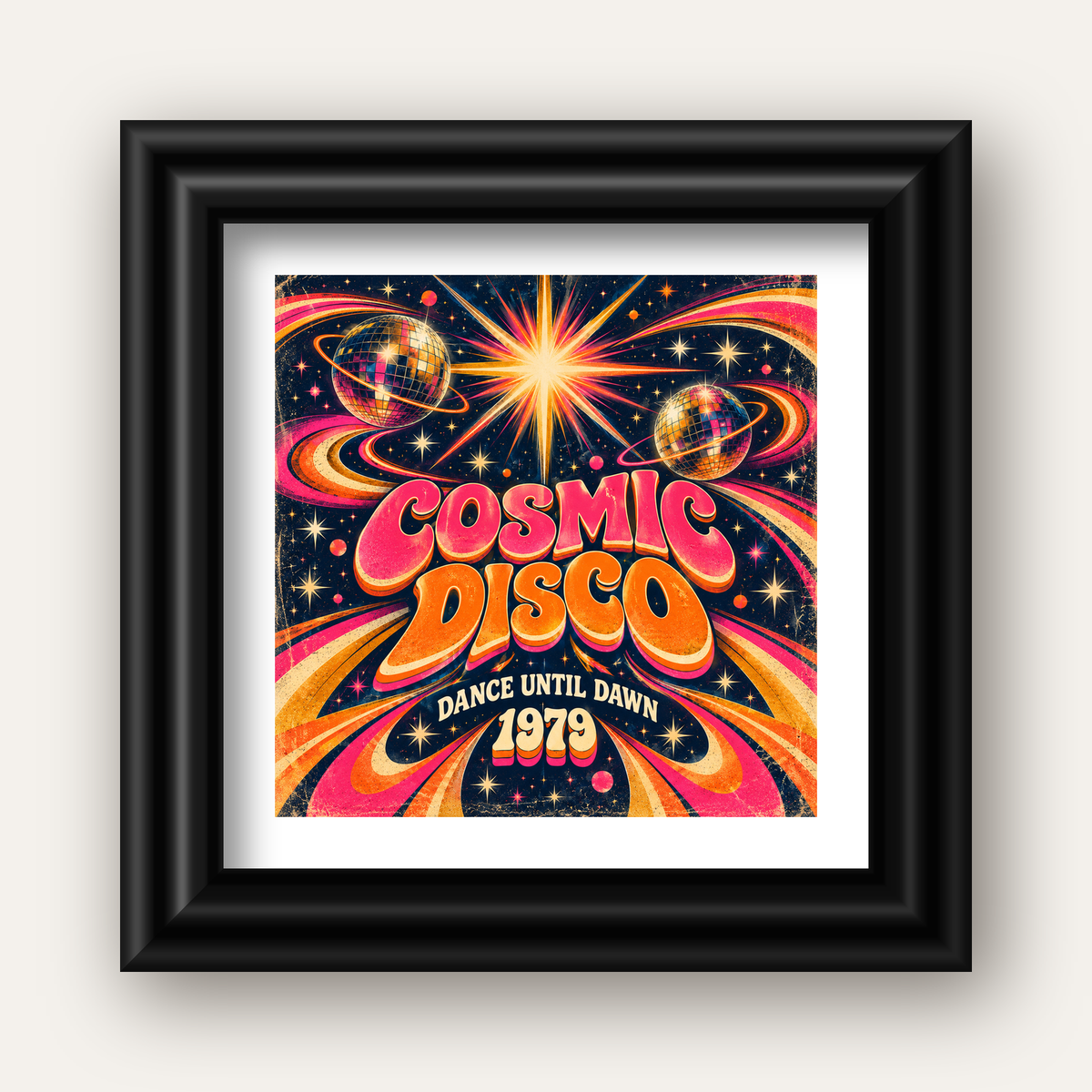 Retro Kozmik Disko Poster – Uzay Temalı Renkli Pop-Art Duvar Dekoru — siyah galeri çerçeveli paspartulu