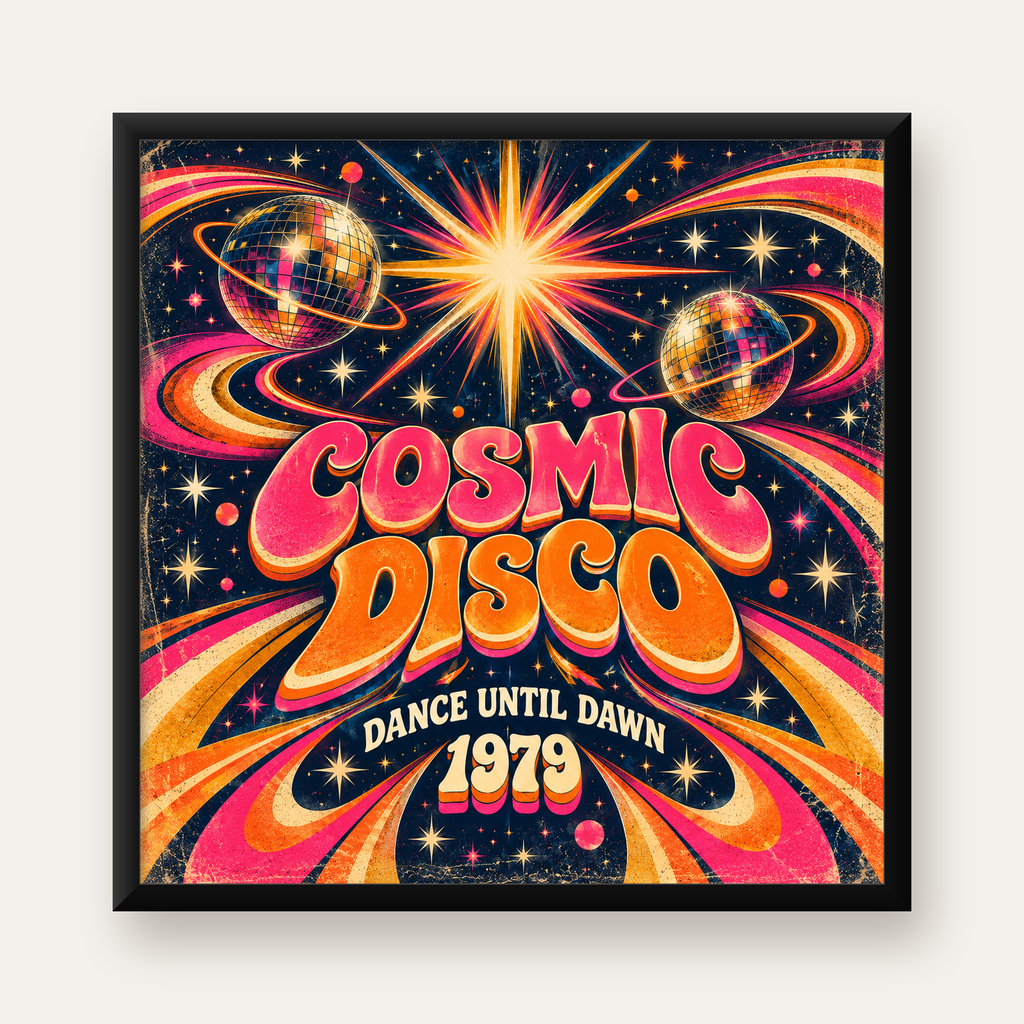 Retro Kozmik Disko Poster – Uzay Temalı Renkli Pop-Art Duvar Dekoru — Kare baskı, düz siyah çerçeveli duvar posteri