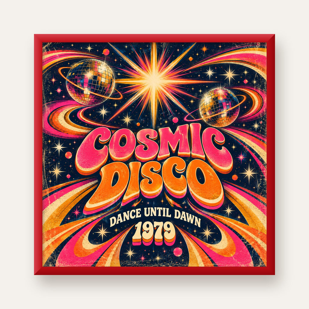 Retro Kozmik Disko Poster – Uzay Temalı Renkli Pop-Art Duvar Dekoru — kırmızı çerçeveli