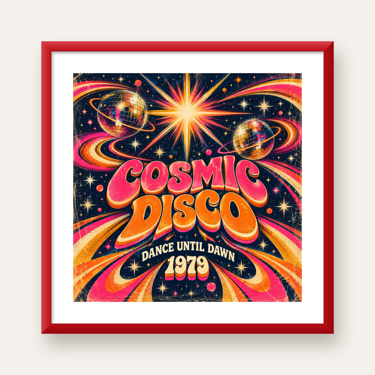 Retro Kozmik Disko Poster – Uzay Temalı Renkli Pop-Art Duvar Dekoru — kırmızı çerçeveli paspartulu