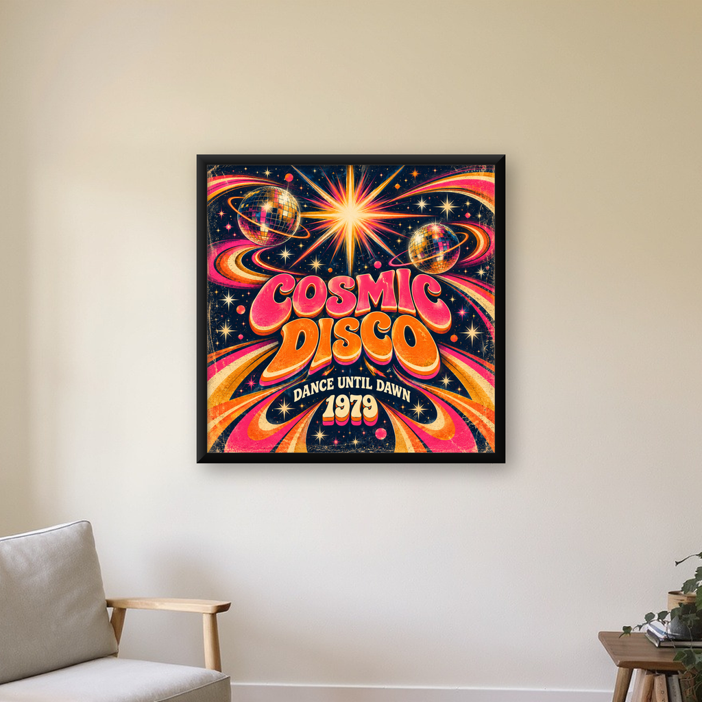 Retro Kozmik Disko Poster – Uzay Temalı Renkli Pop-Art Duvar Dekoru — Kare baskı, çerçeveli hâliyle bir ev duvarında