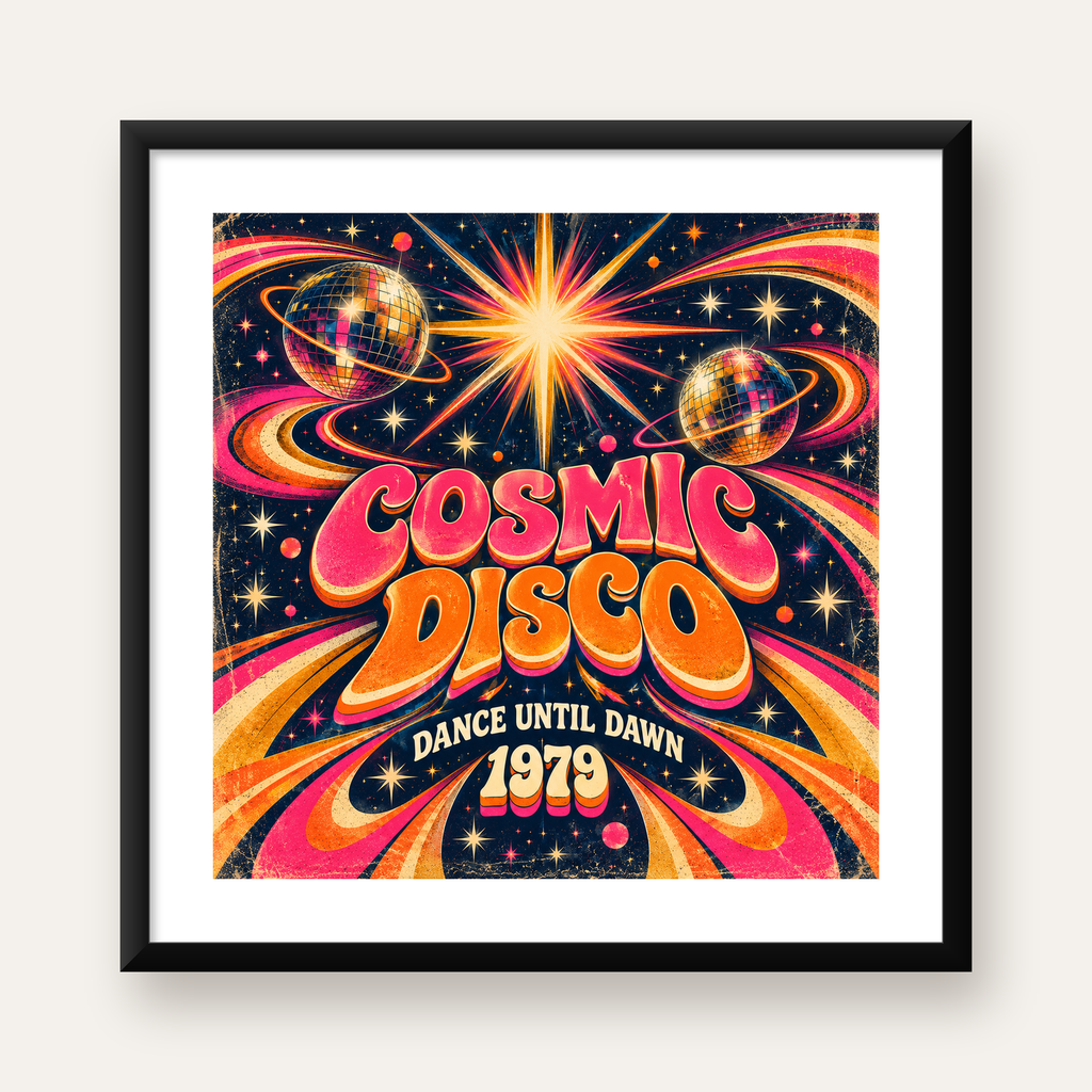 Retro Kozmik Disko Poster – Uzay Temalı Renkli Pop-Art Duvar Dekoru — Kare baskı, beyaz paspartulu