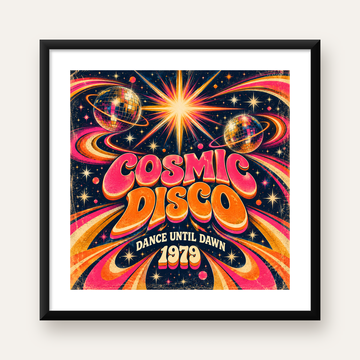 Retro Kozmik Disko Poster – Uzay Temalı Renkli Pop-Art Duvar Dekoru — Kare baskı, beyaz paspartulu