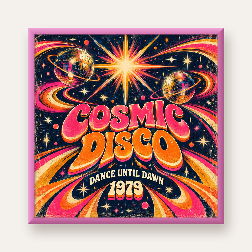 Retro Kozmik Disko Poster – Uzay Temalı Renkli Pop-Art Duvar Dekoru — pembe çerçeveli