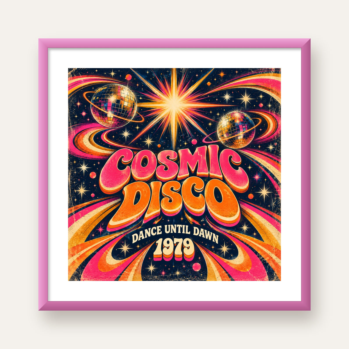 Retro Kozmik Disko Poster – Uzay Temalı Renkli Pop-Art Duvar Dekoru — pembe çerçeveli paspartulu