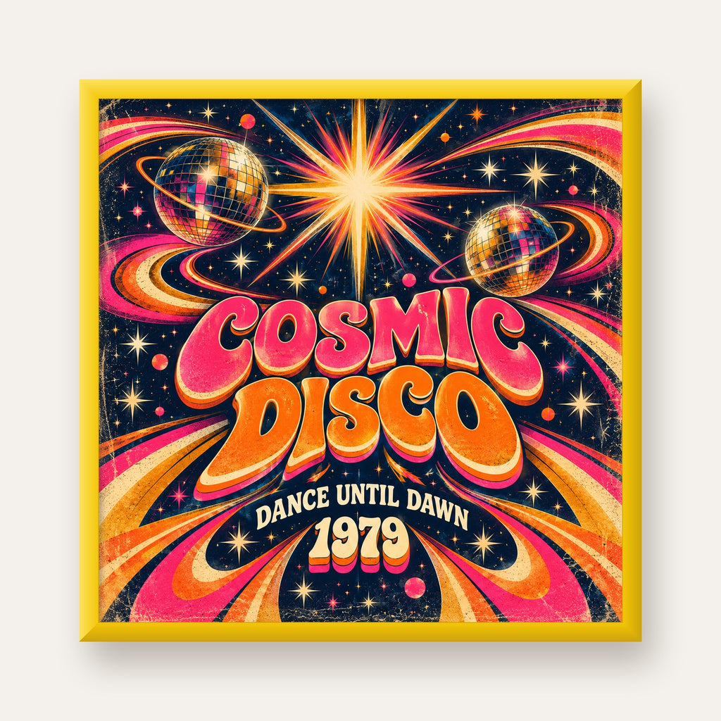 Retro Kozmik Disko Poster – Uzay Temalı Renkli Pop-Art Duvar Dekoru — sarı çerçeveli