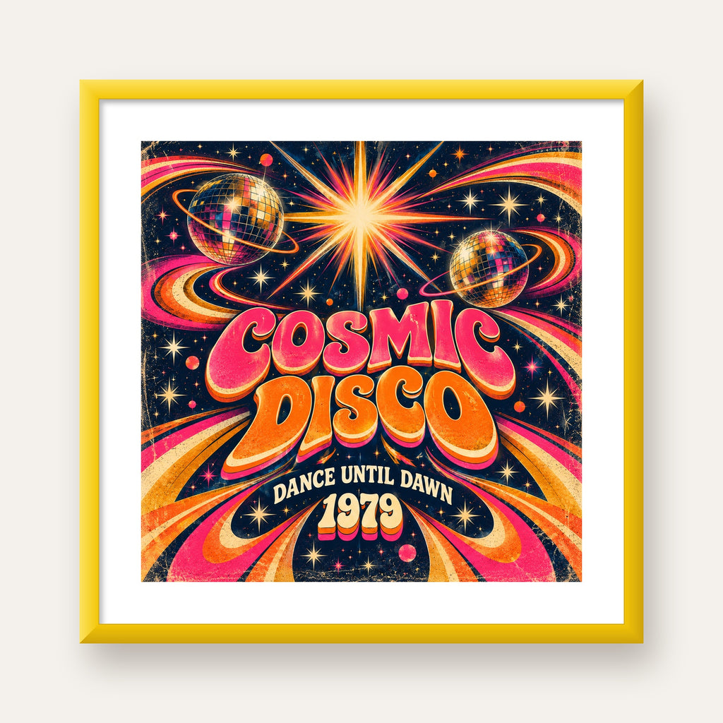 Retro Kozmik Disko Poster – Uzay Temalı Renkli Pop-Art Duvar Dekoru — sarı çerçeveli paspartulu