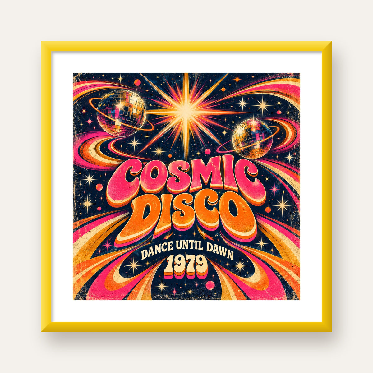 Retro Kozmik Disko Poster – Uzay Temalı Renkli Pop-Art Duvar Dekoru — sarı çerçeveli paspartulu