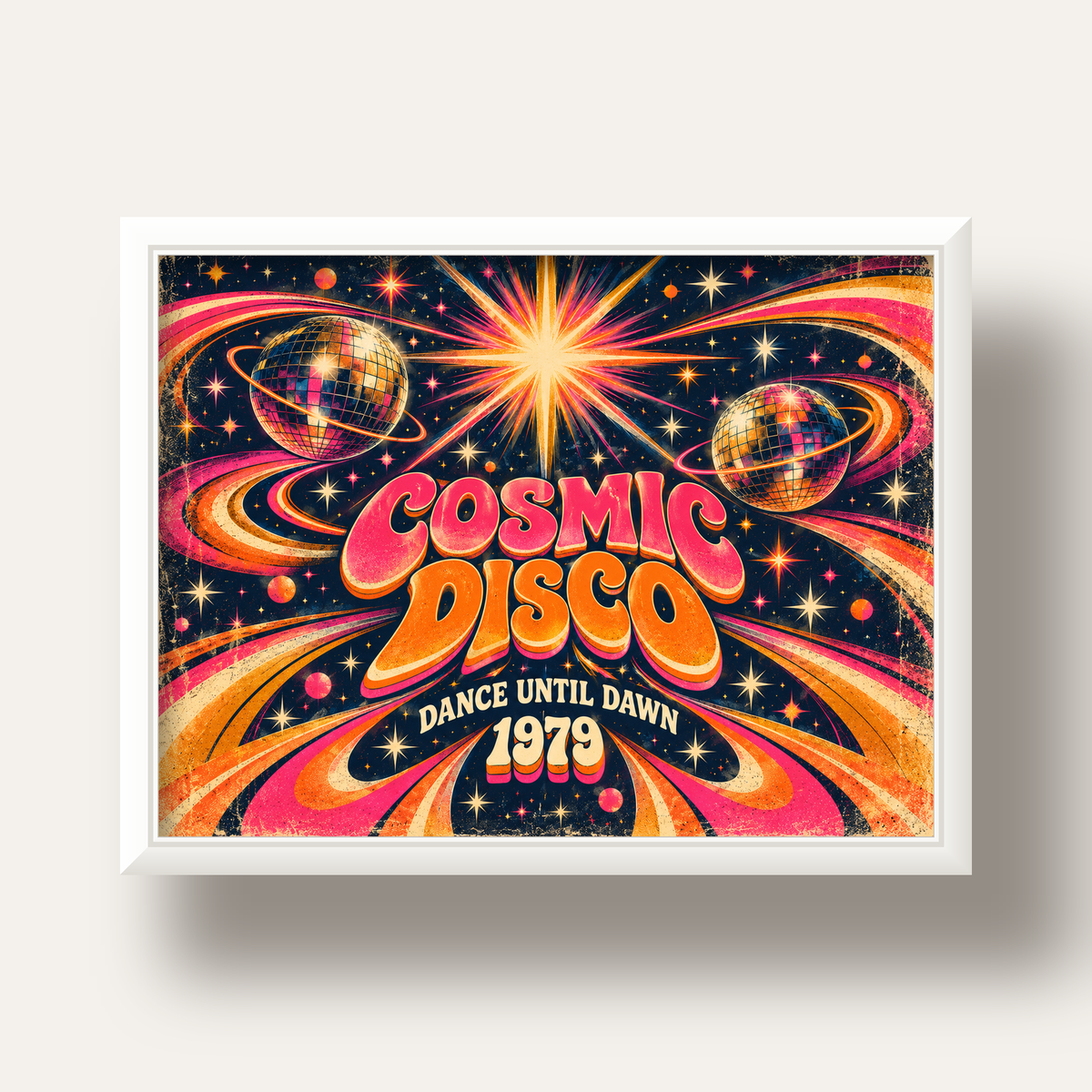 Retro Kozmik Disko Poster – Uzay Temalı Renkli Pop-Art Duvar Dekoru — beyaz derin çerçeveli
