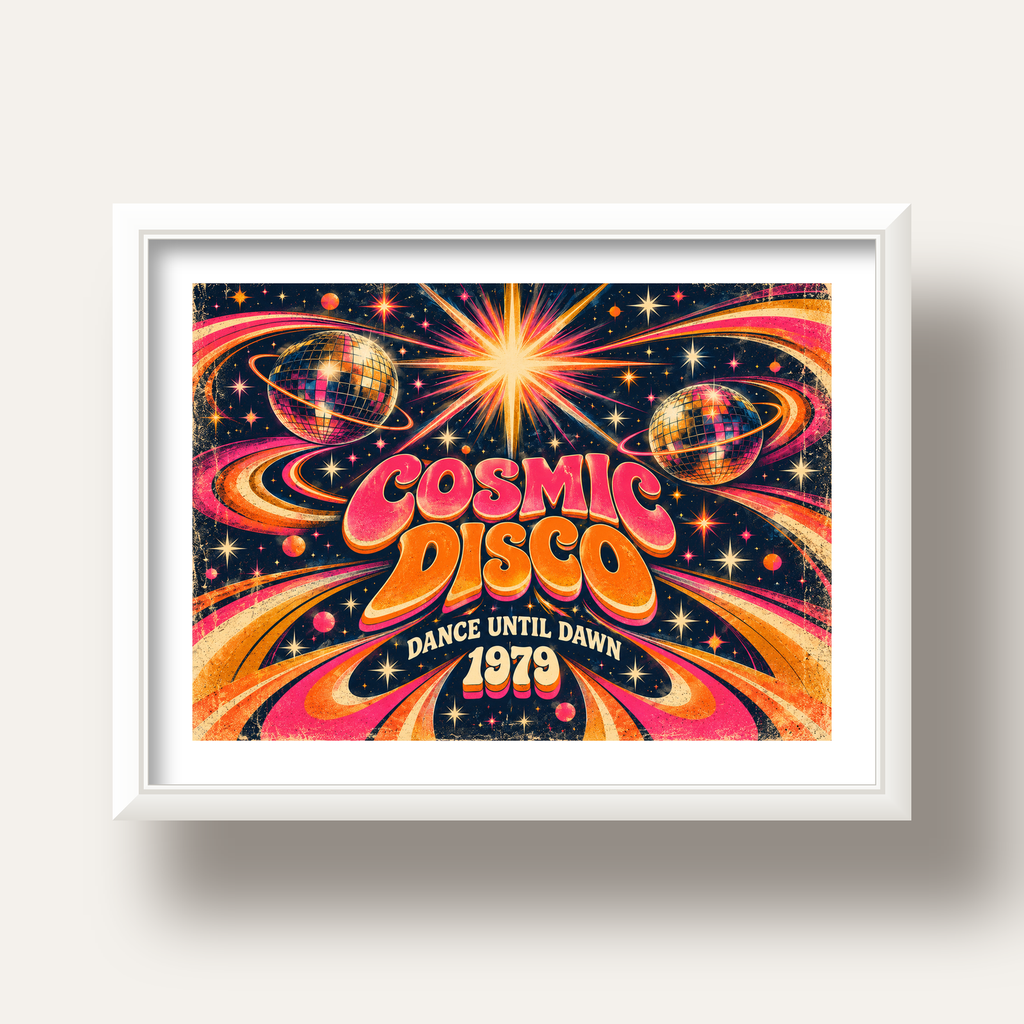 Retro Kozmik Disko Poster – Uzay Temalı Renkli Pop-Art Duvar Dekoru — beyaz derin çerçeveli paspartulu