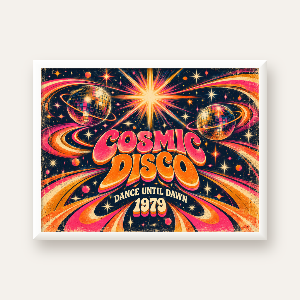 Retro Kozmik Disko Poster – Uzay Temalı Renkli Pop-Art Duvar Dekoru — beyaz çerçeveli yatay poster
