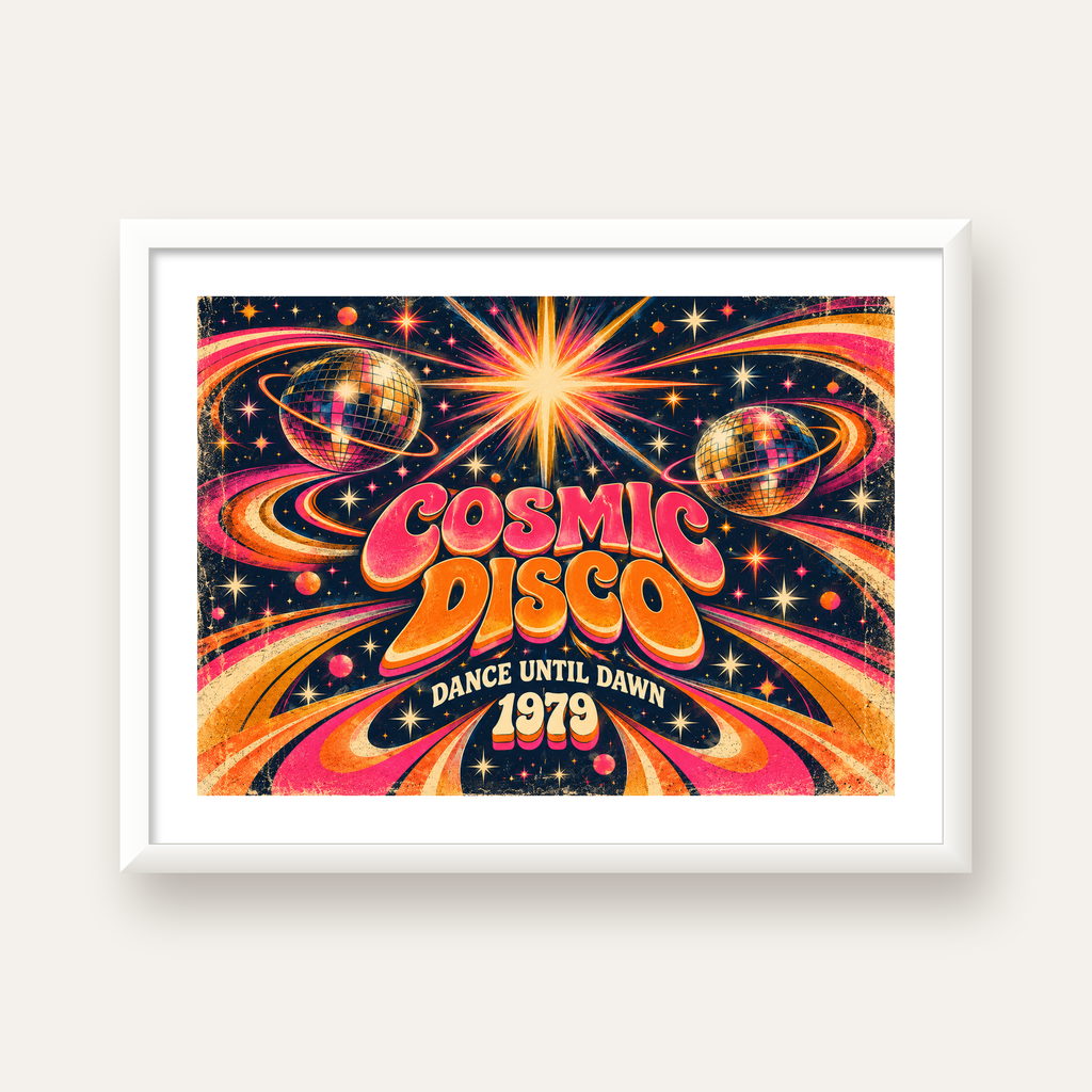 Retro Kozmik Disko Poster – Uzay Temalı Renkli Pop-Art Duvar Dekoru — beyaz çerçeveli yatay poster