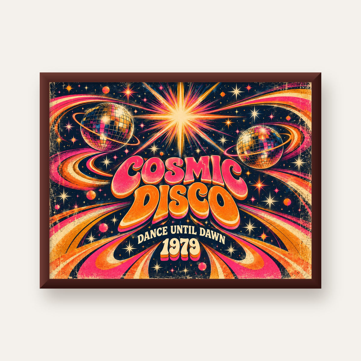 Retro Kozmik Disko Poster – Uzay Temalı Renkli Pop-Art Duvar Dekoru — ceviz çerçeveli