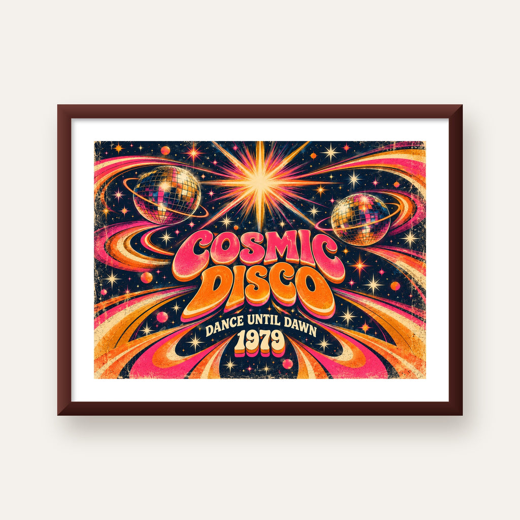 Retro Kozmik Disko Poster – Uzay Temalı Renkli Pop-Art Duvar Dekoru — ceviz çerçeveli paspartulu