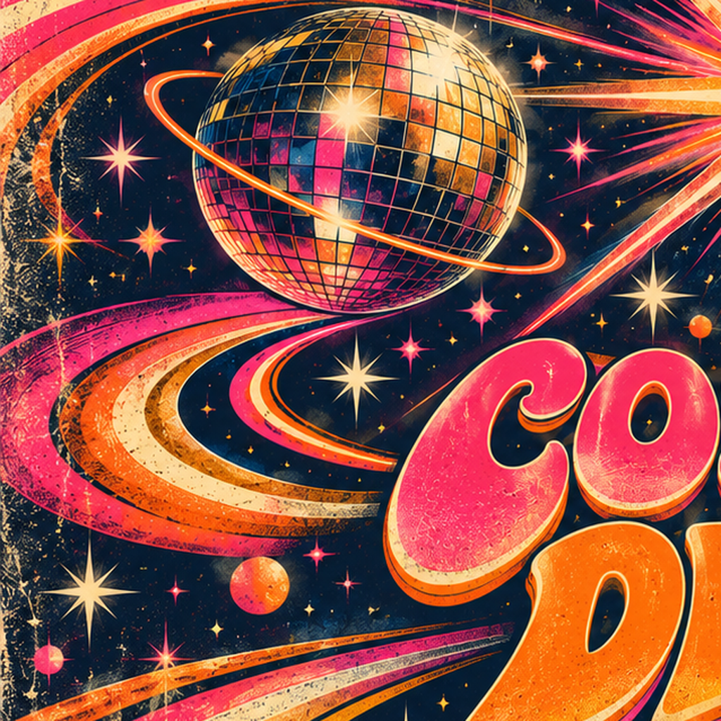 Retro Kozmik Disko Poster – Uzay Temalı Renkli Pop-Art Duvar Dekoru — baskının yakın çekimi, kâğıt dokusu ve renk detayı