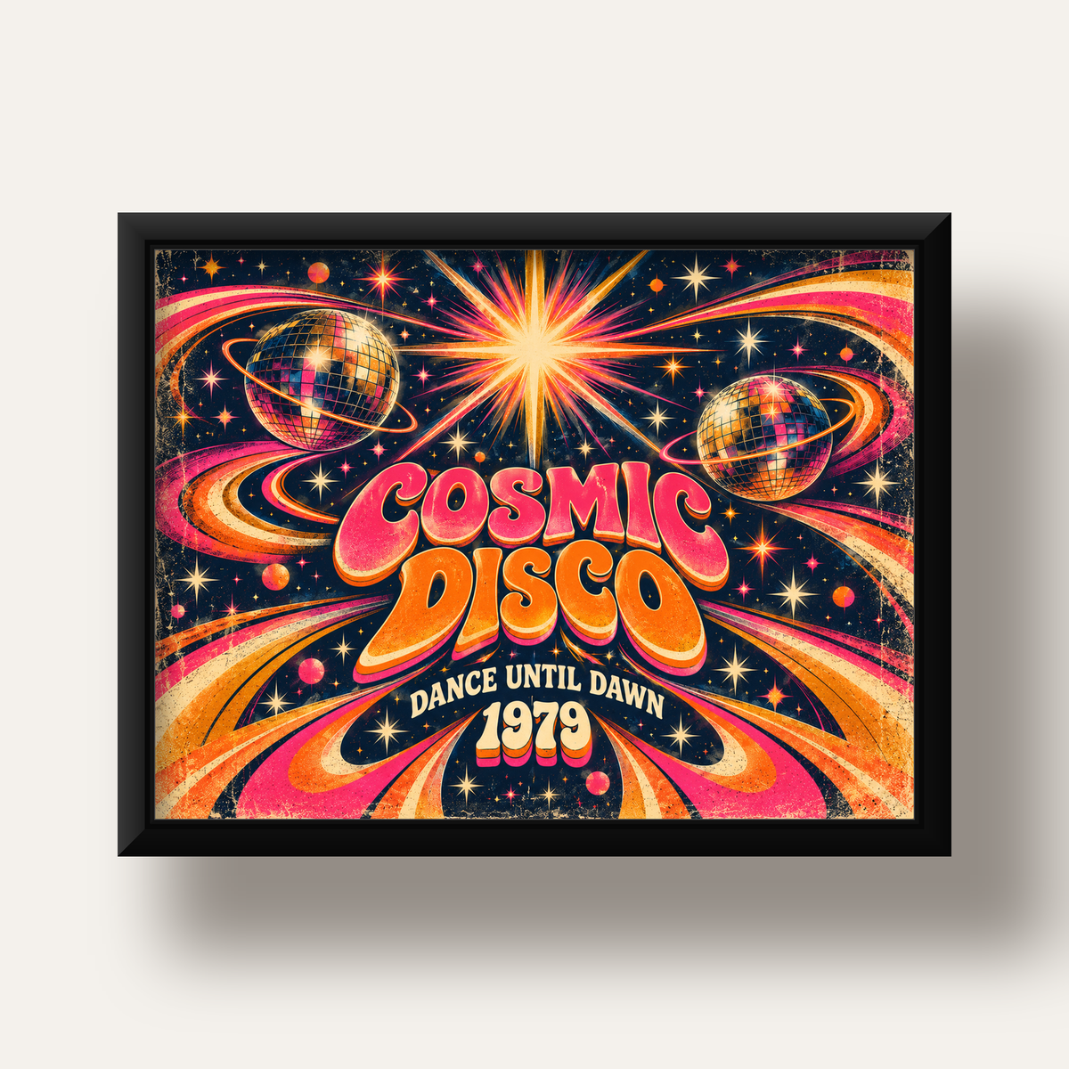 Retro Kozmik Disko Poster – Uzay Temalı Renkli Pop-Art Duvar Dekoru — siyah derin çerçeveli