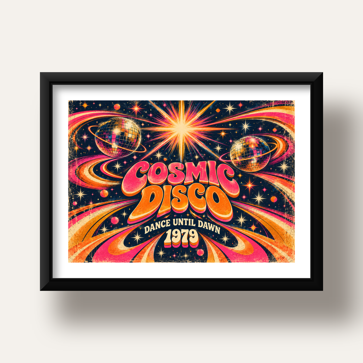 Retro Kozmik Disko Poster – Uzay Temalı Renkli Pop-Art Duvar Dekoru — siyah derin çerçeveli paspartulu