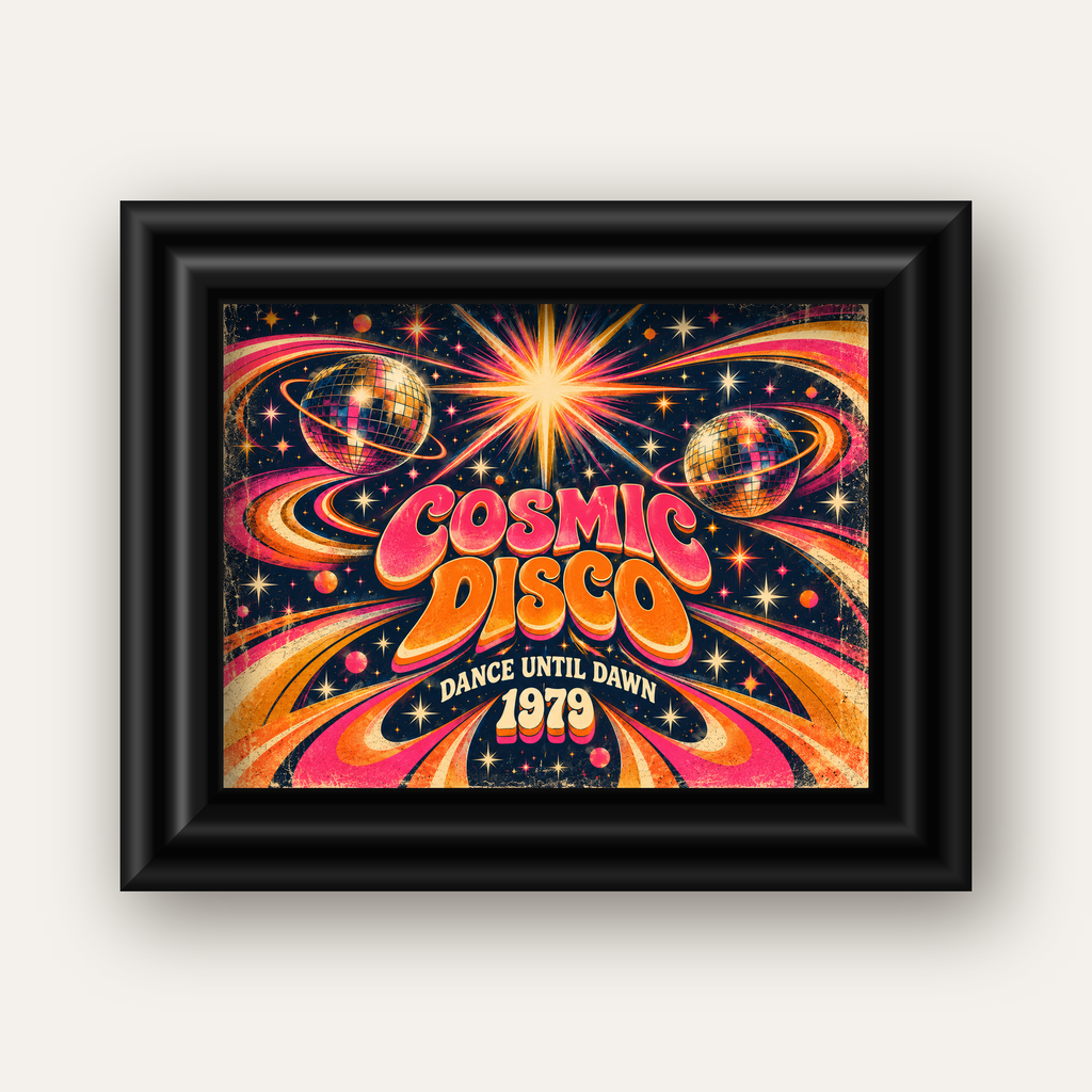 Retro Kozmik Disko Poster – Uzay Temalı Renkli Pop-Art Duvar Dekoru — siyah galeri çerçeveli