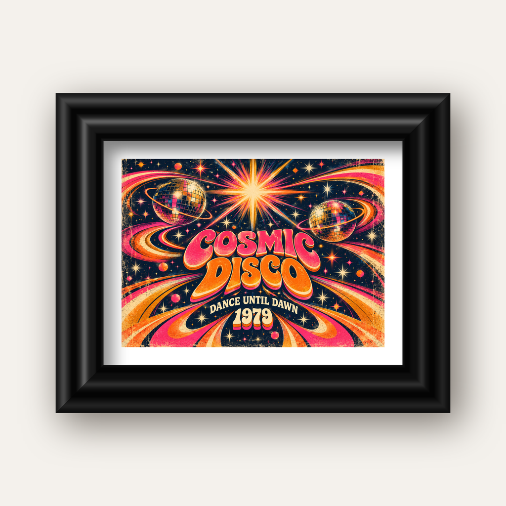 Retro Kozmik Disko Poster – Uzay Temalı Renkli Pop-Art Duvar Dekoru — siyah galeri çerçeveli paspartulu