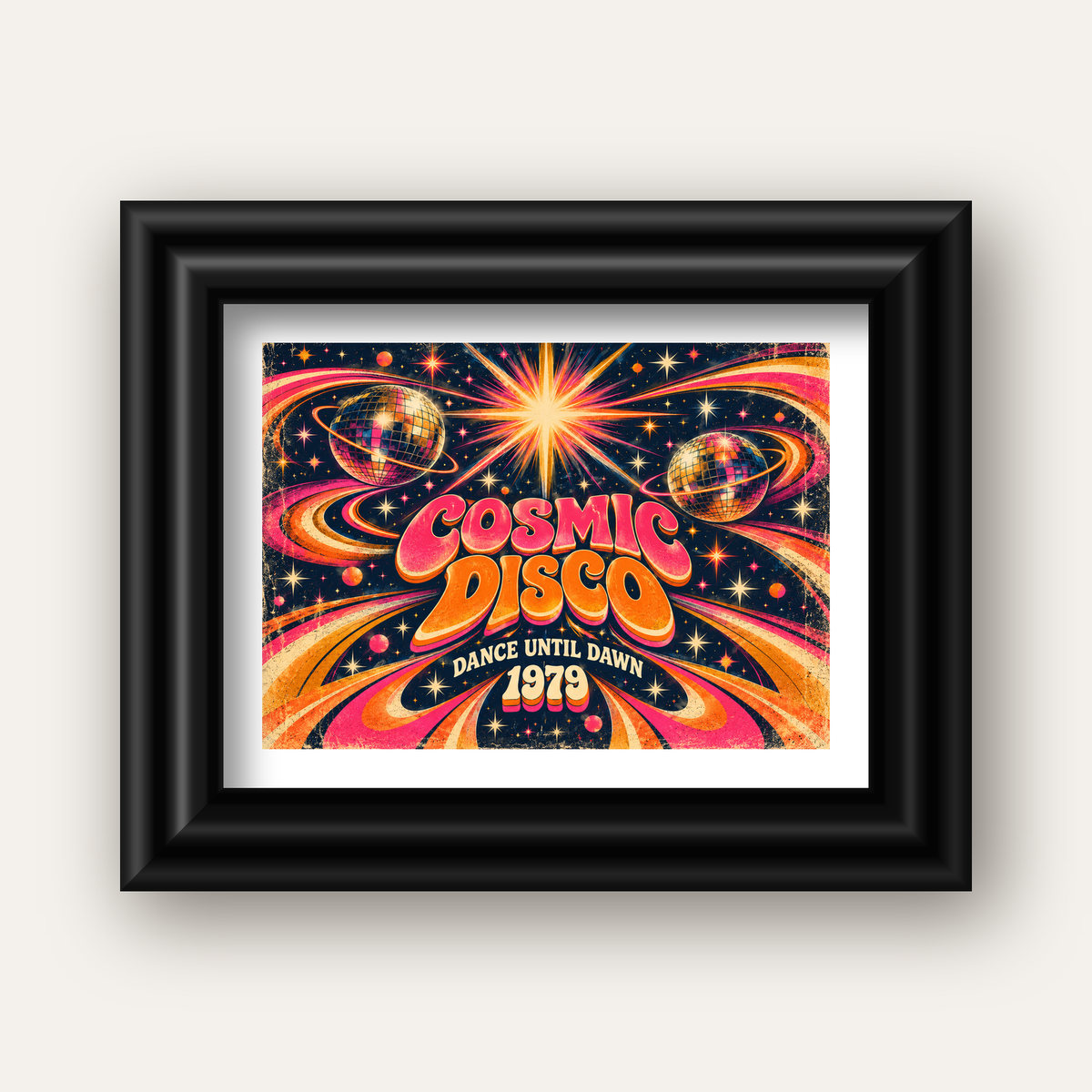 Retro Kozmik Disko Poster – Uzay Temalı Renkli Pop-Art Duvar Dekoru — siyah galeri çerçeveli paspartulu