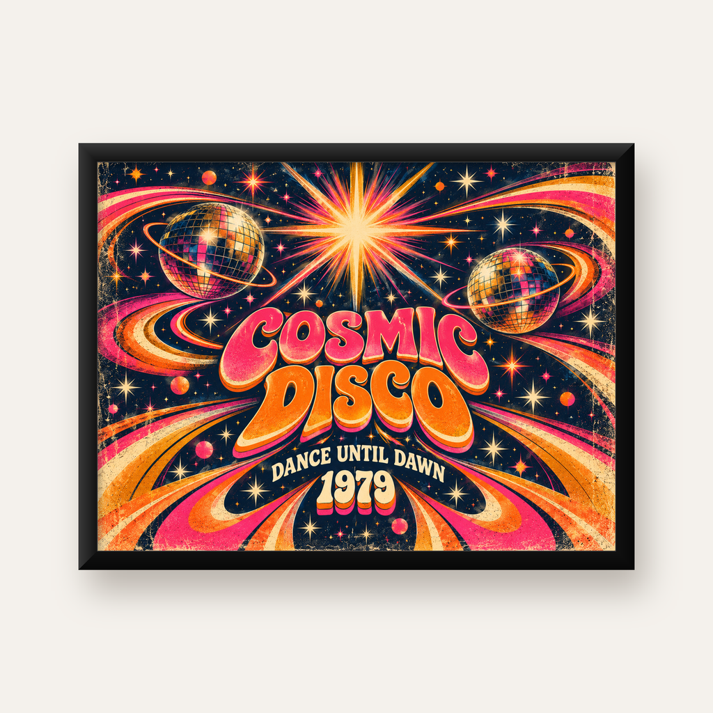 Retro Kozmik Disko Poster – Uzay Temalı Renkli Pop-Art Duvar Dekoru — Yatay baskı, düz siyah çerçeveli duvar posteri