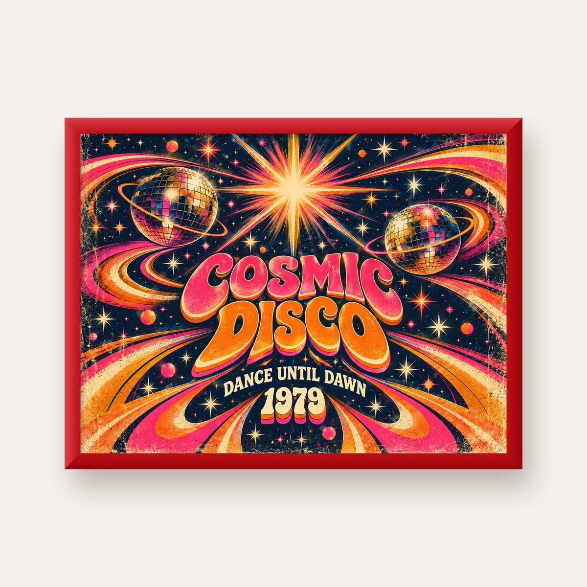 Retro Kozmik Disko Poster – Uzay Temalı Renkli Pop-Art Duvar Dekoru — kırmızı çerçeveli