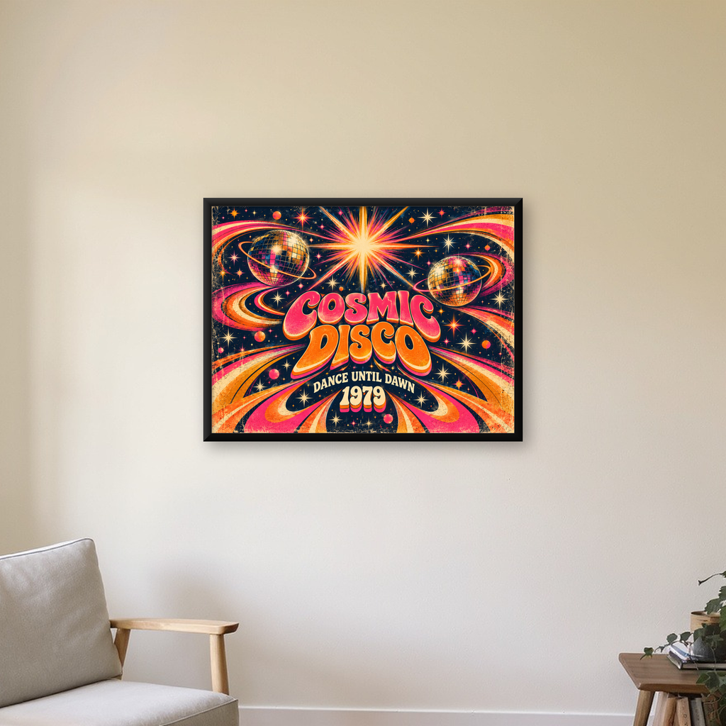 Retro Kozmik Disko Poster – Uzay Temalı Renkli Pop-Art Duvar Dekoru — Yatay baskı, çerçeveli hâliyle bir ev duvarında