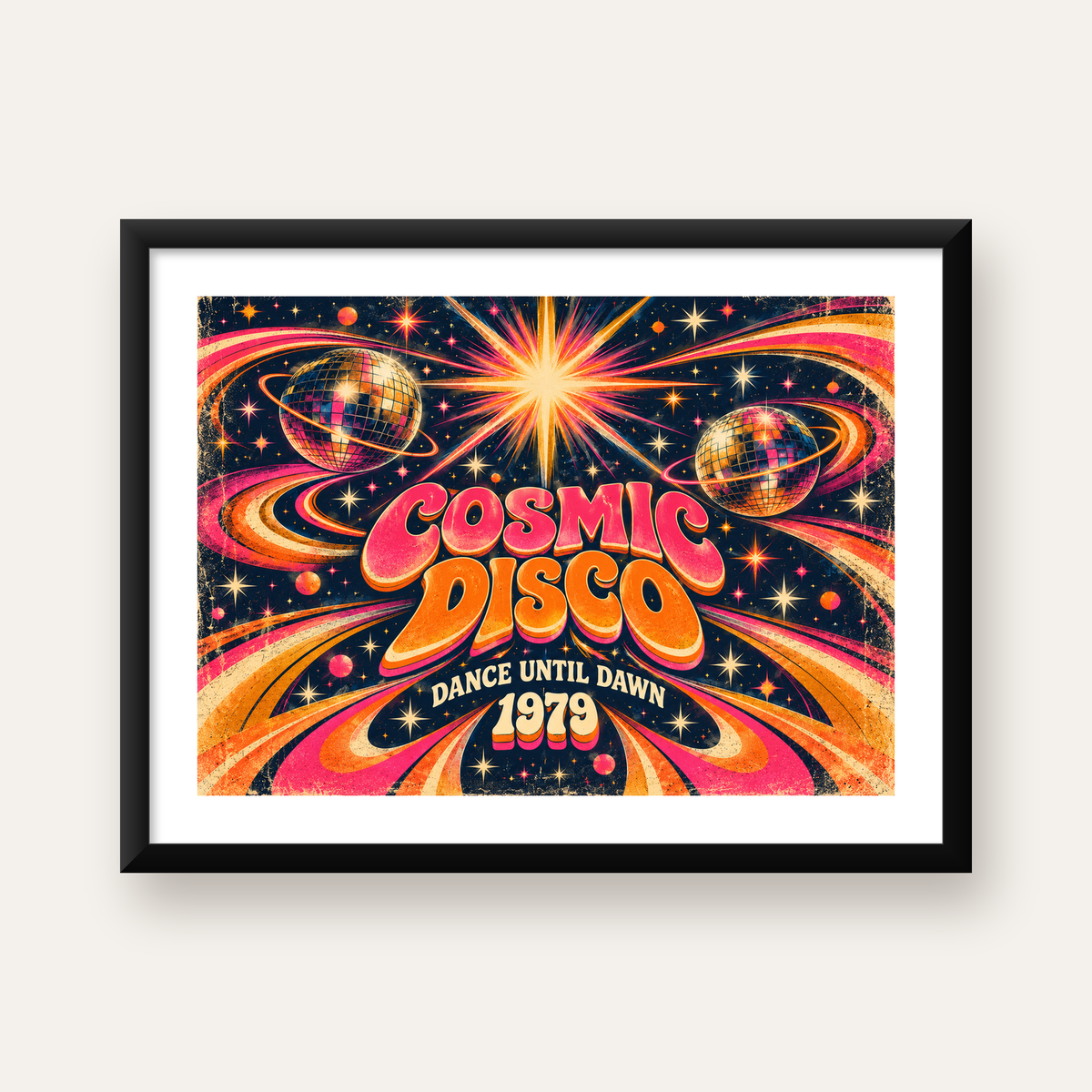 Retro Kozmik Disko Poster – Uzay Temalı Renkli Pop-Art Duvar Dekoru — Yatay baskı, beyaz paspartulu