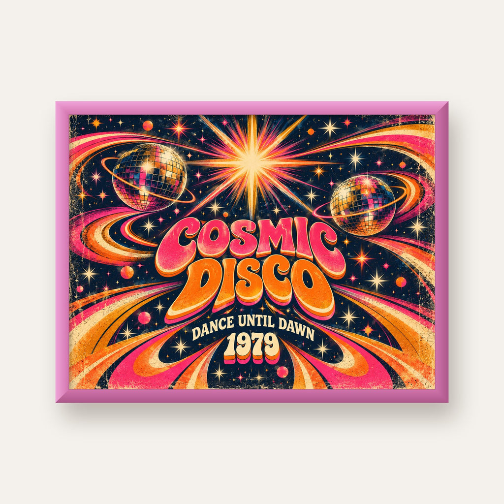 Retro Kozmik Disko Poster – Uzay Temalı Renkli Pop-Art Duvar Dekoru — pembe çerçeveli
